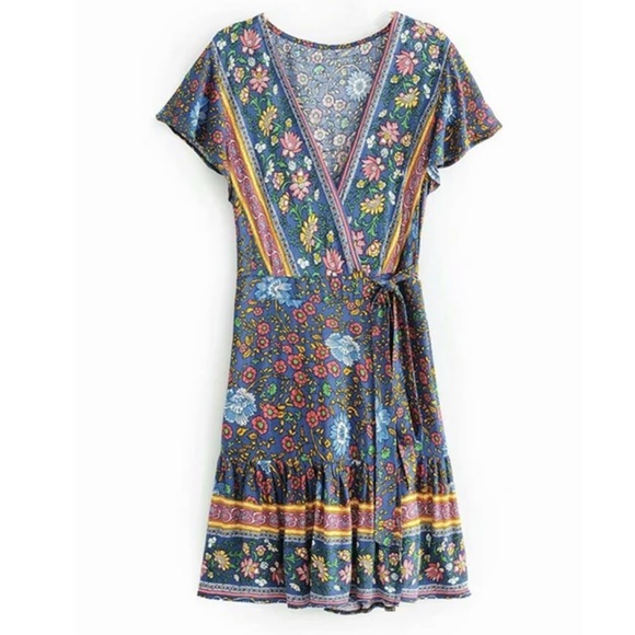 Navy Blue Boho Floral Gypsy Print Wrap Dress - Picture 4 of 6